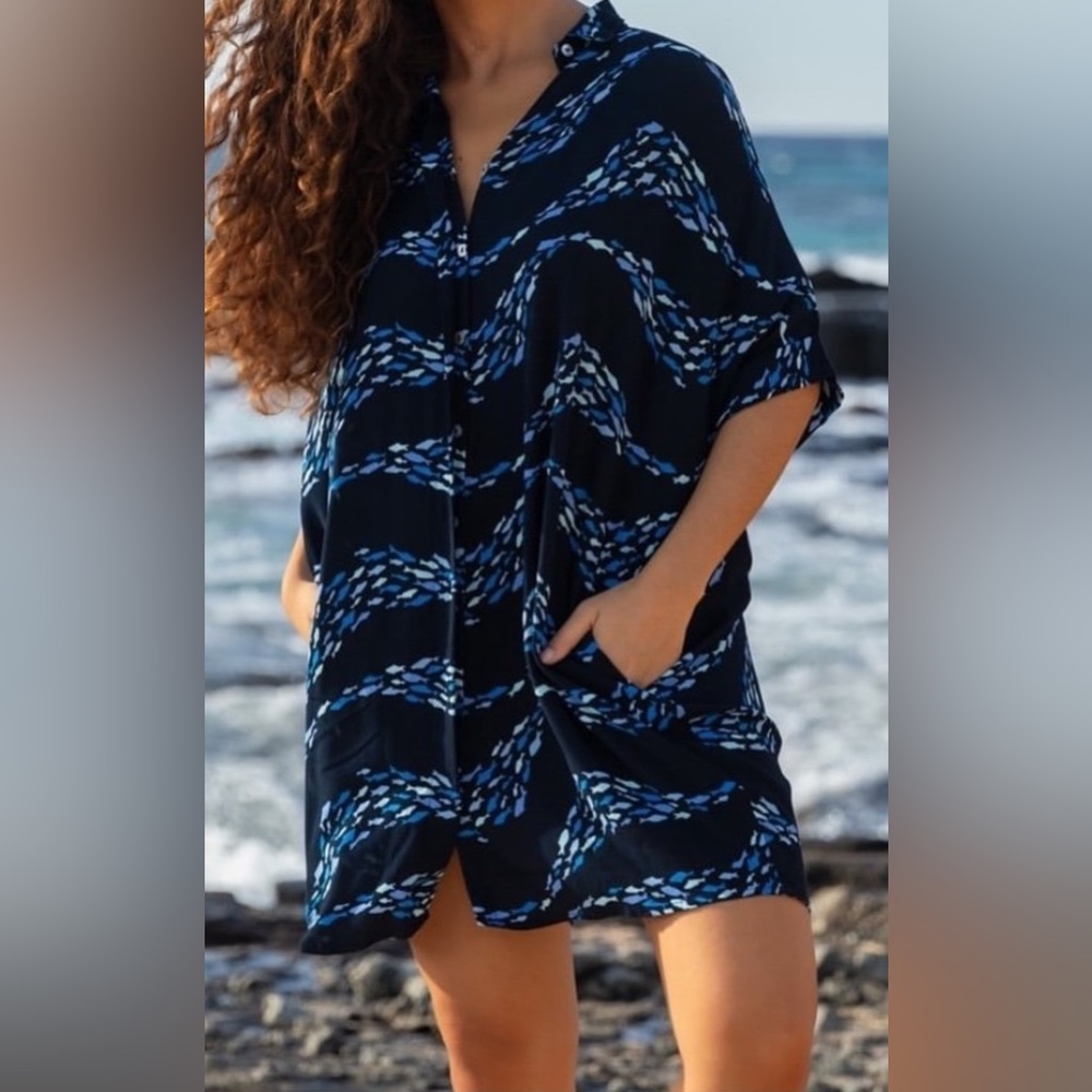 NWT Ava Sky Fighting Eel Dress Azure Blue Wave Button Down Shirt Small